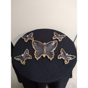 Set of 5 Vintage Glass Butterfly Dish Set Trimmed in Gold